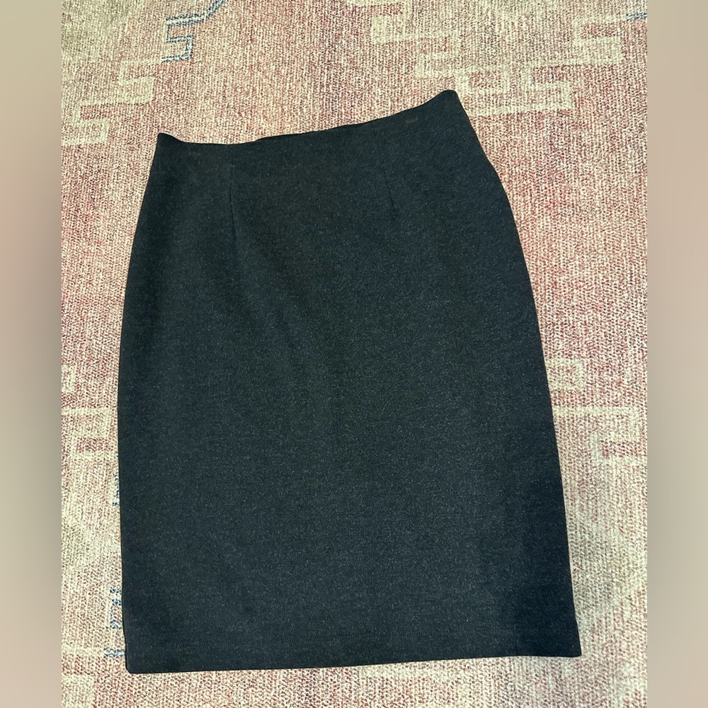 Eileen Fisher dark grey brushed viscose fitted midi skirt with slit size small